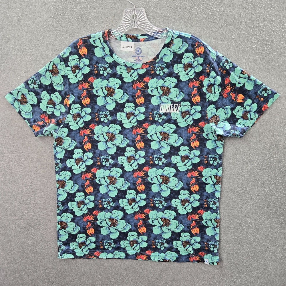 Hurley Men Shirtโ Medium Blue Floral Short Sleeve Crew Neck Surf Tee